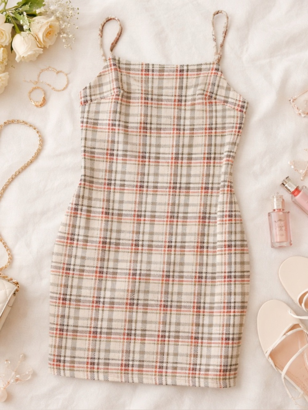 Altar’d State Tan & Red Plaid Mini Bodycon Dress Womens Size M Academia Preppy